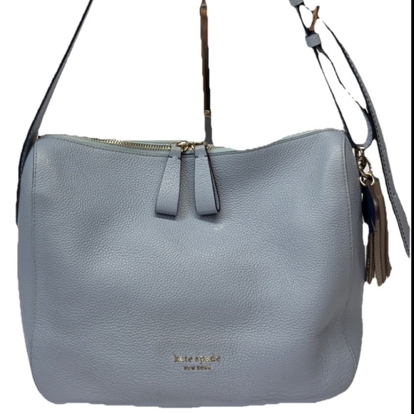 Kate Spade NY J183 Medium Shoulder Bag Blue Pebbled Leather Gray Suede Lined - Picture 1 of 15